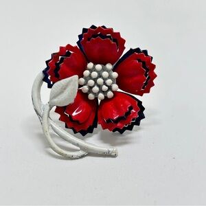 Vintage Red White And Dark Blue Poppy Flower Brooch, Metal Enamel
